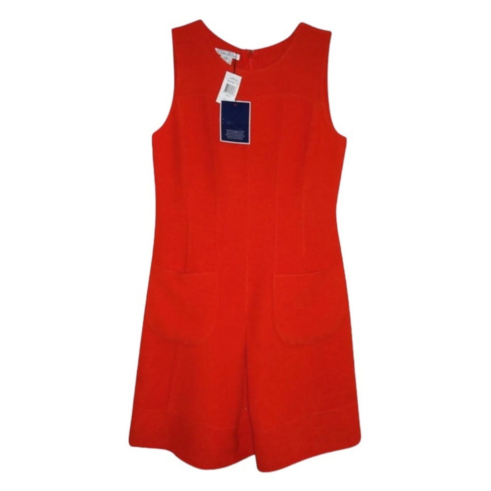 $2,190 Oscar de la Renta Wool Bl Dress 14 Vermilion 2 Patch Pockets Seam Detail